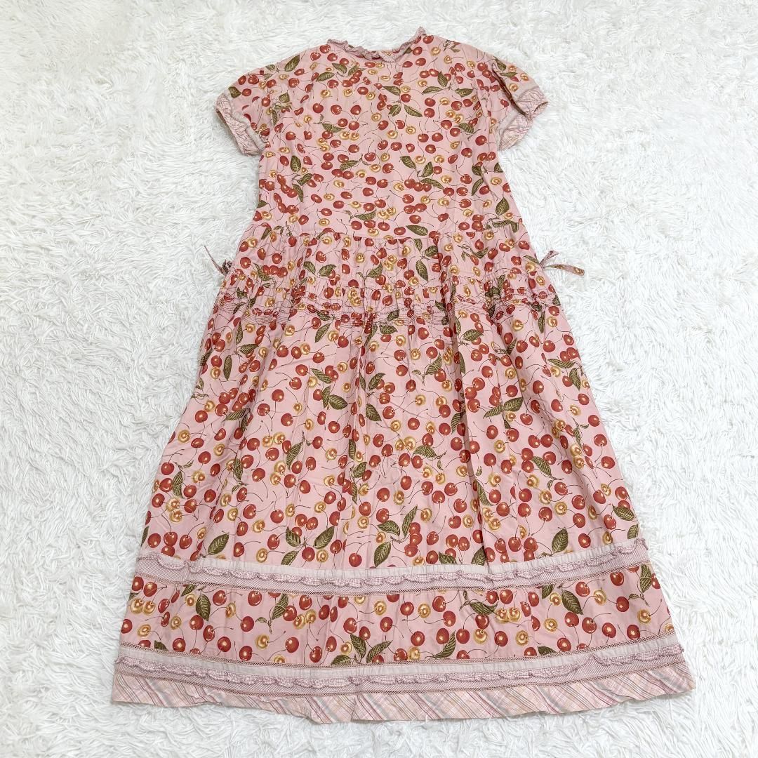 美品 PINK HOUSE ピンクチェリー柄半袖ワンピース ロング フリル