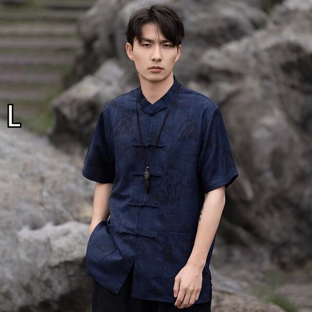 L メンズ ファッション 服 男性用 オシャレ シンプル 大人 かっこいい 大きいサイズ ストリート 紳士服 夏 スタイル トップス スタンドカラー ボタン 半袖 シャツ プリントチュニック スーツ カンフー 唐 スーツ 服 シャツ