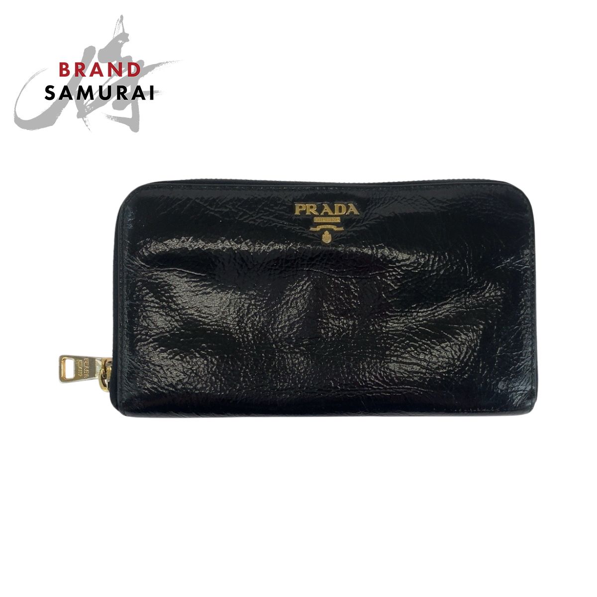 PRADA プラダ ロゴ 男女兼用 ブラック 黒 ゴールド金具 パテントレザー ロングウォレット ラウンドファスナー メンズ 502643