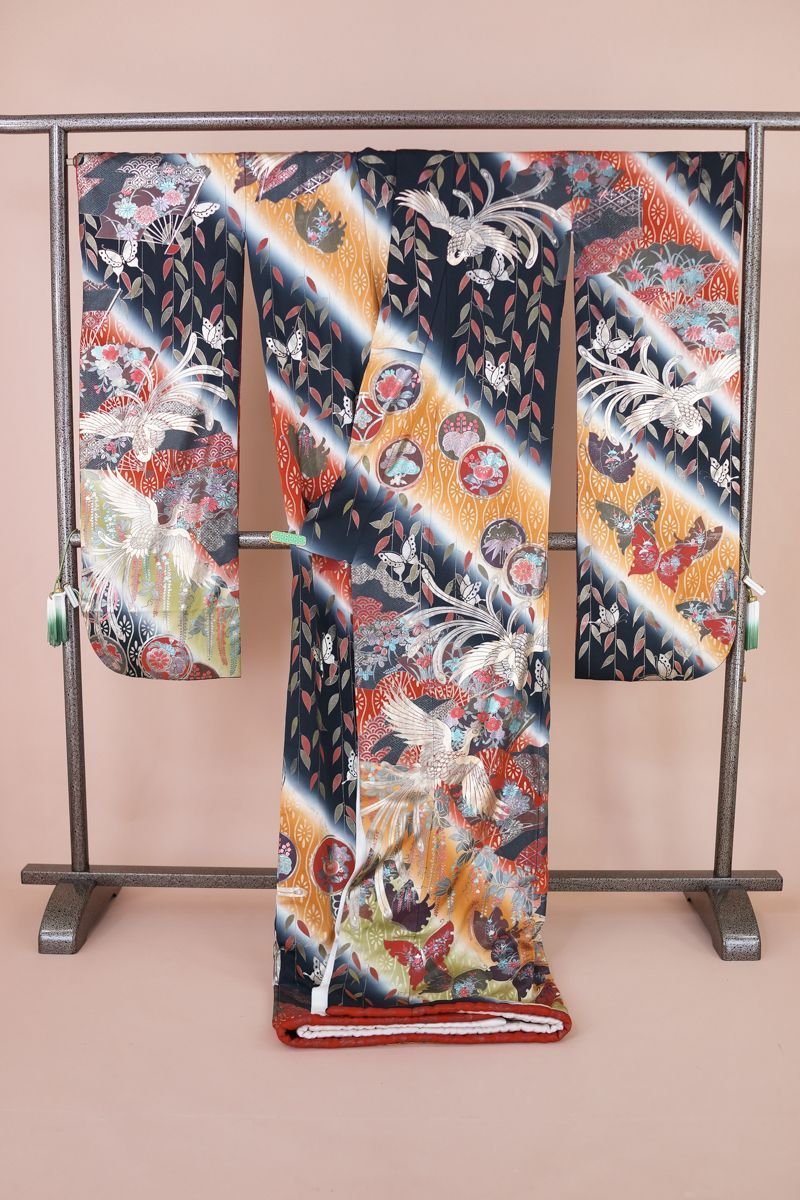 難アリ 黒 茶 黄土色 鳳凰 蝶 正絹 花嫁振袖 (cl_kimono2309