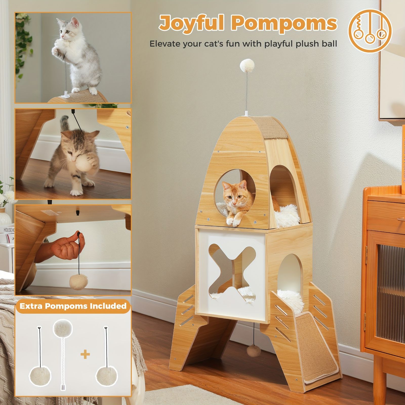 発送モダンキャットツリーロケットシップ 屋内猫用木製キャットタワー 110CMマルチレベル木製猫家具 2つのコンドミニアム ぶら下がっているボール サイザルスクラッチパッド かわいいキャットツリー