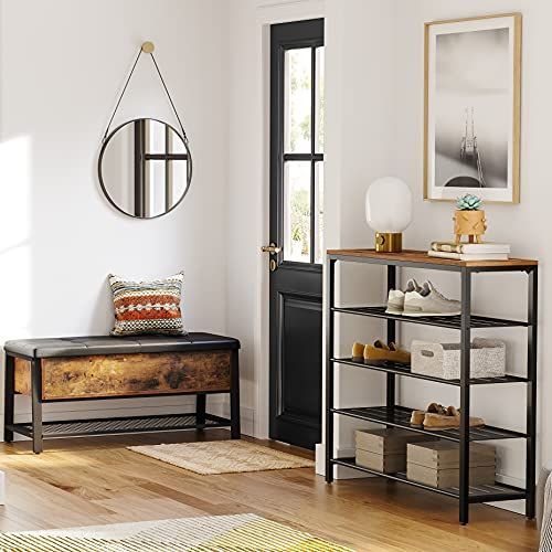 大人气品質新品 VASAGLE シューズラックオープンラックサイドテーブル 玄関テーブル 靴棚 5段 メッシュ棚 ヴィンテージ風 奥行30cm 木製天板 おしゃれ LBS15BX マグネットバックル