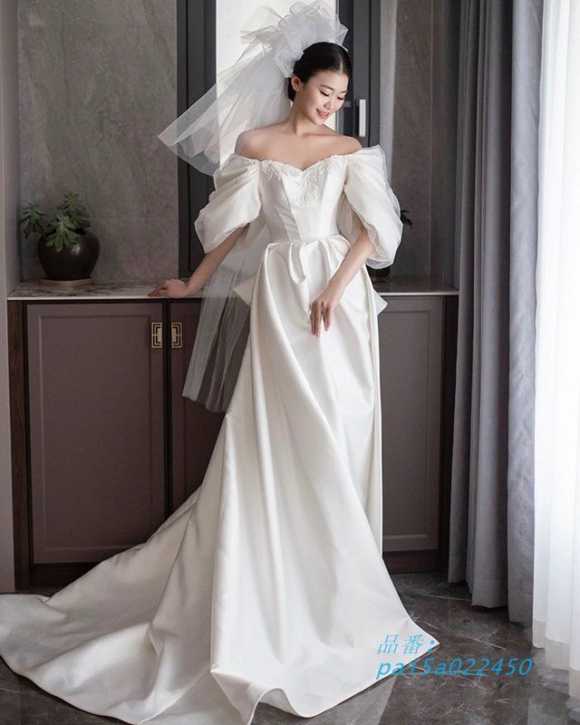 ウェディングドレス オフショルダー ウェディングドレス 大きいサイズ 3L 4L 袖ありシンプル 前撮り 二次会 小さいサイズ ウェディングドレス 上品 pai5a022450