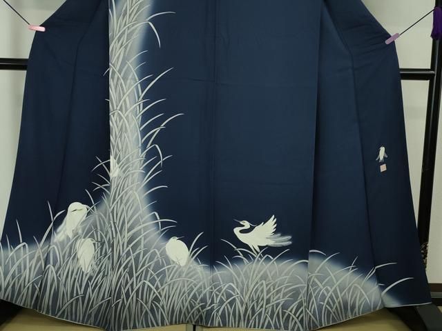 平和屋本店□極上 東京友禅 菅有鬼一 訪問着 手描き 白鷺 紺青色地 暈  