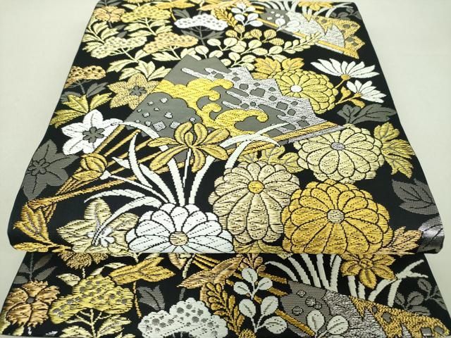 平和屋着物●六通柄 本袋帯 唐織 扇面花文 黒地 金銀糸 正絹 DAAS3647ps