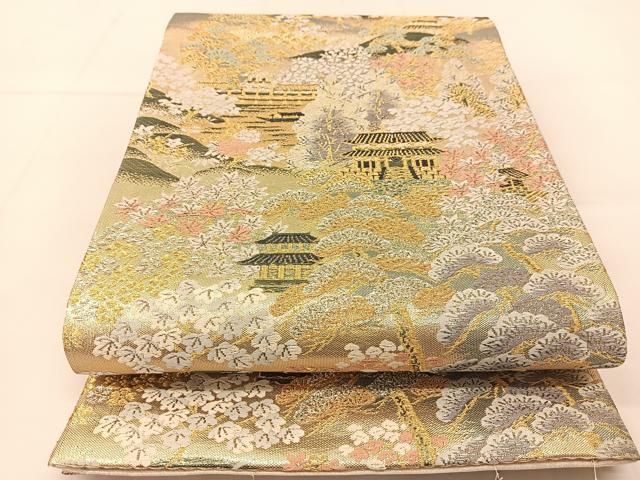#TU006 金通し・唐織・プラチナ箔・華文様・六通袋帯・ガード加工済 平和屋着物◎六通柄袋帯 唐織 京山水文 プラチナ箔二重 正絹