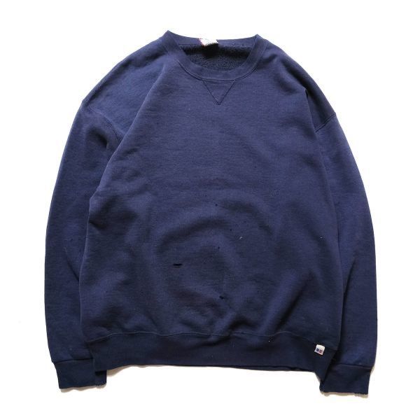 90's メキシコ製 ダメージ　ラッセル ソリッドカラー クルーネック スウェット 紺 (XL) ネイビー 無地 スエット 90年代 旧タグ オールド アメリカ古着 USED  ビンテージ ヴィンテージ