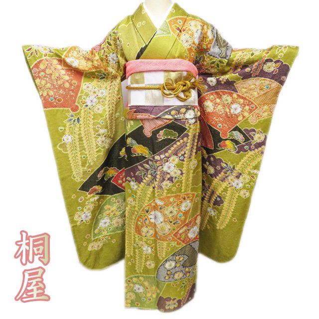振袖 桐屋 翠山工房 仮絵羽 金通し 金彩 絞り 正絹 未仕立て品 八掛付き 特選 振袖 着物 中古 正絹 桐屋 翠山工房 落款 辻が花 絞り 地