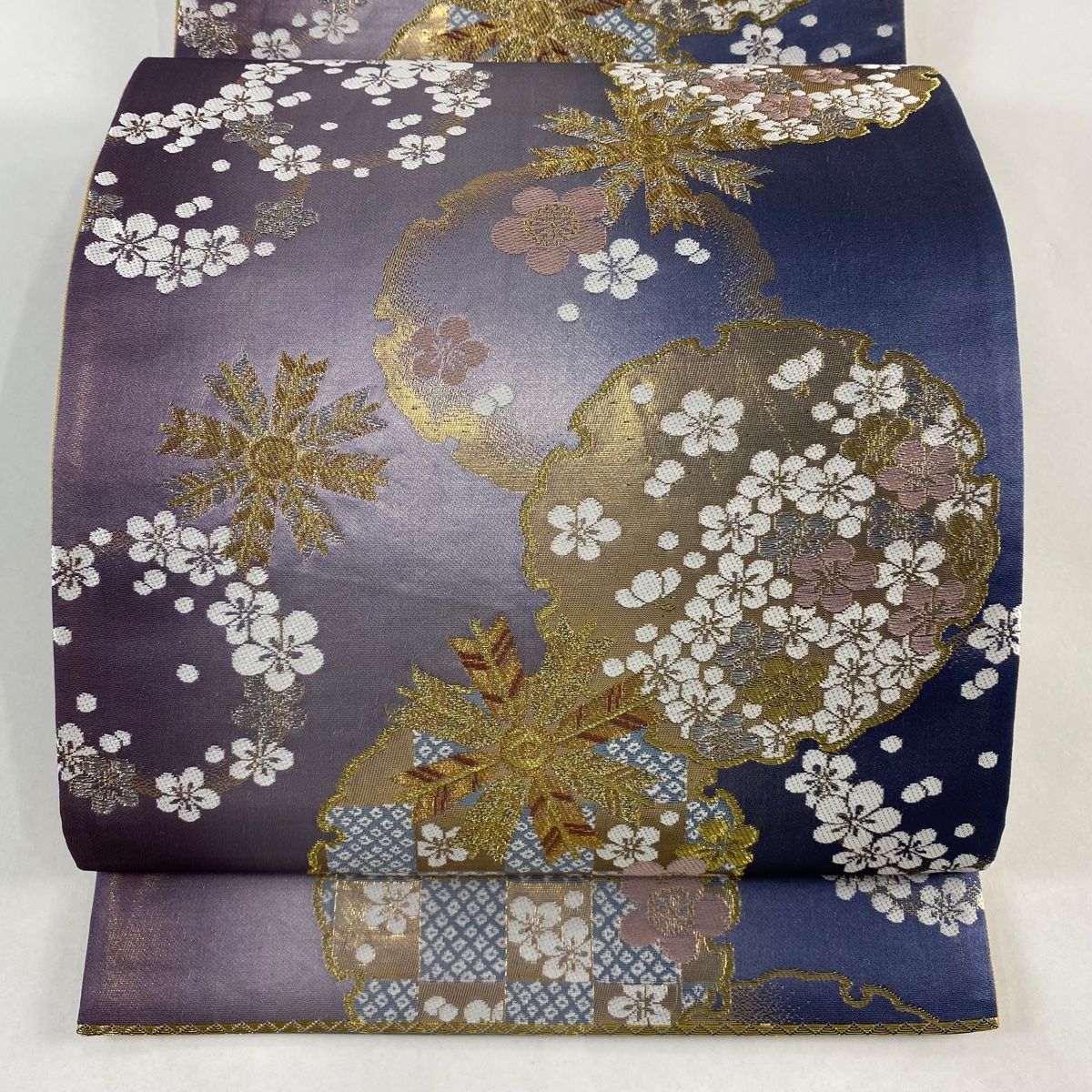 袋帯 美品 秀品 雪輪 梅 金銀糸 箔 灰紫 六通 正絹 【中古