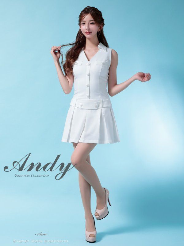XSホワイト OF05 OK2960-BL-2507 ANDY|アンディ ワンカラー| ビジューボタン| 襟付き| ノースリーブ| Vネック| ボックスプリーツ| フ | ミニドレス| キャバドレス
