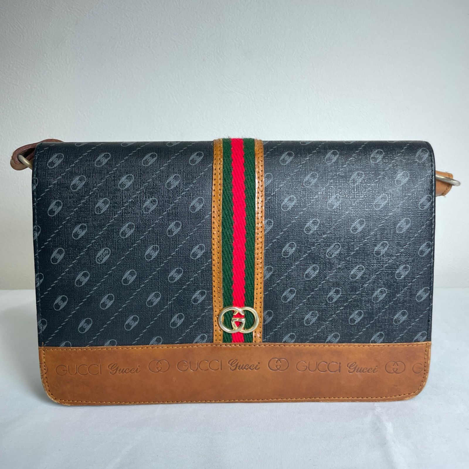 【214132】GUCCI グッチ  オールドグッチ　シェリーライン ヴィンテージ　コーティングレザー ショルダーバッグ　PVC　がま口ポケット ブラック