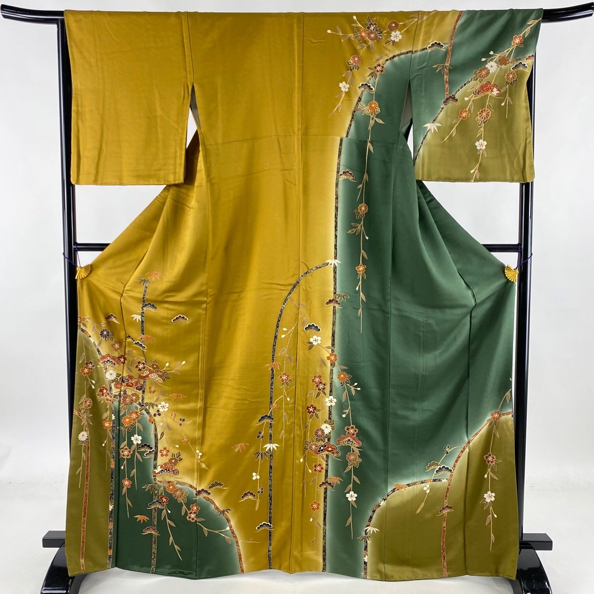 訪問着 美品 秀品 笠松 草花 金彩 染分け 山吹茶色 袷 身丈167cm 裄丈