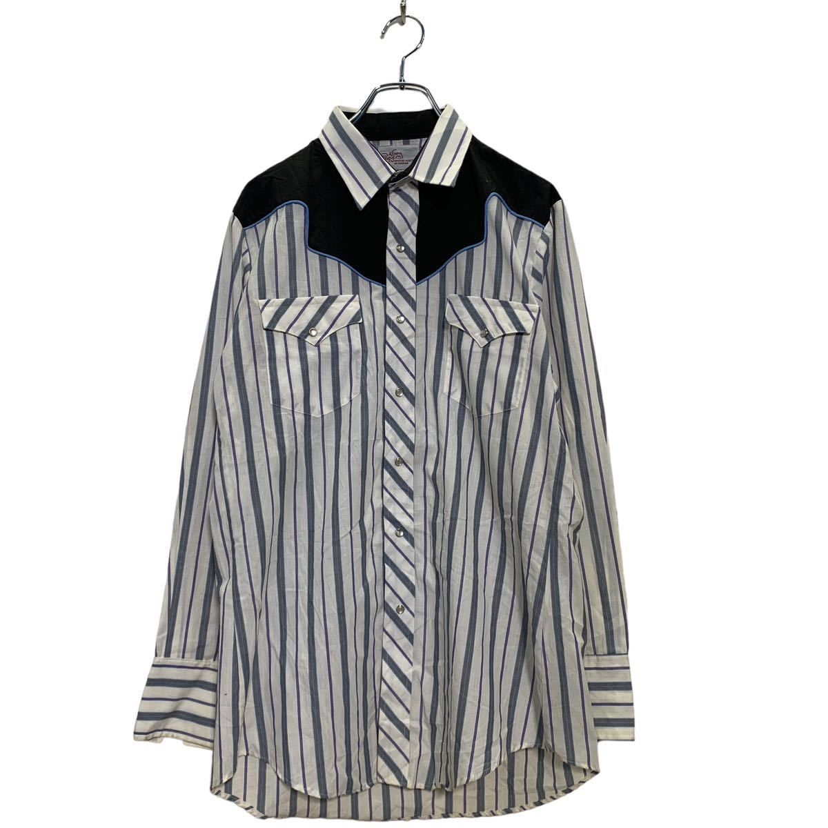 USA輸入古着 KARMAN ストライプウエスタンシャツ 水色 メンズM相当 KARMAN 長袖 ストライプ ウエスタンシャツ 34 L ホワイト ブラック グレー アメリカ製 スナップボタン 古着卸 アメリカ仕入  a601-6668