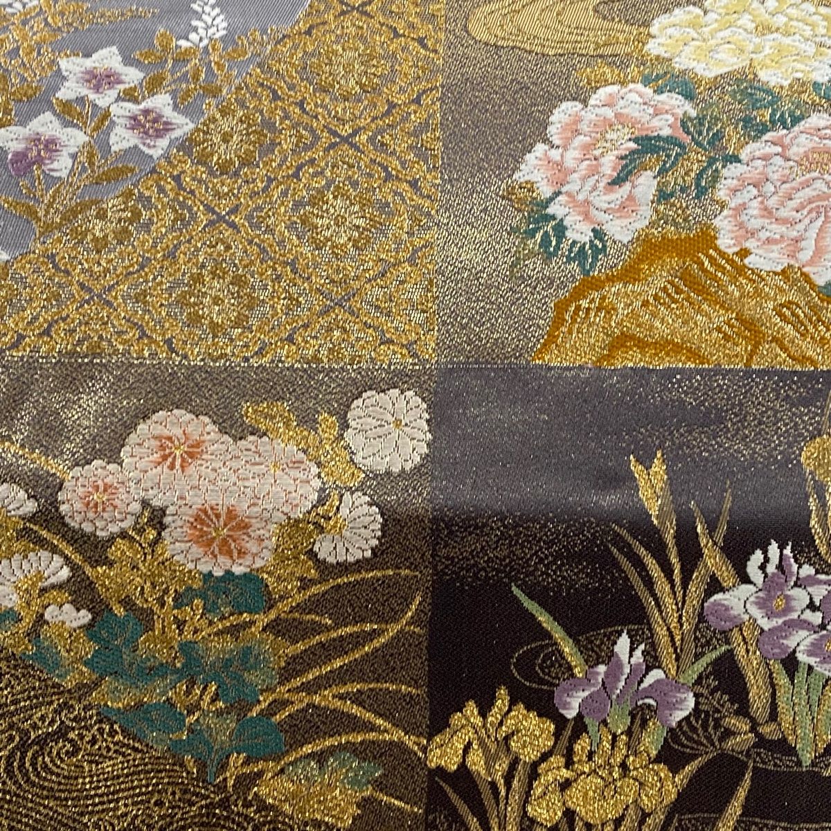 袋帯 美品 秀品 色紙 牡丹 金糸 箔 薄緑 六通 正絹 【中古】