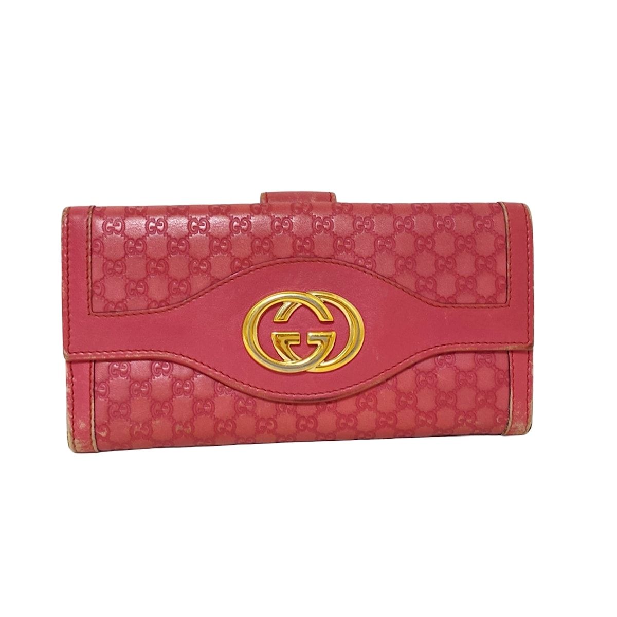 GUCCI 長財布　マイクロシマ　ピンク　レザー　インターロッキング金具 レア美品✨グッチ◇マイクロシマフラップ長財布 スーキー