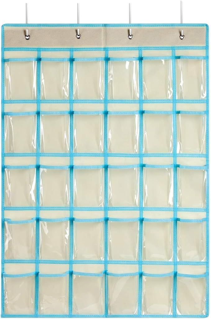 【在庫処分】SURCHAR ウォール ポケット カレンダーポケット 布製 防水 透明 PVC 小物収納 ウォールラック 壁掛け 収納 ポケット 吊り下げ ポケット 壁掛け収納式フック付き 30 ポケット カーキ