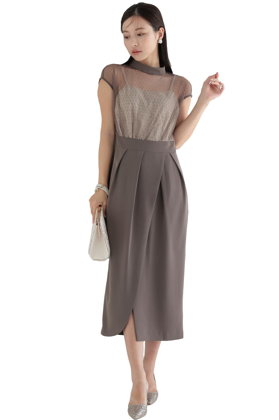 [MORE AUNI] 結婚式 ドレス パーティードレス ワンピース レディース 結婚式に着て行く お呼ばれ ドットレース コクーンドレス 披露宴 324239 (CHC S) [チャコール] [S]