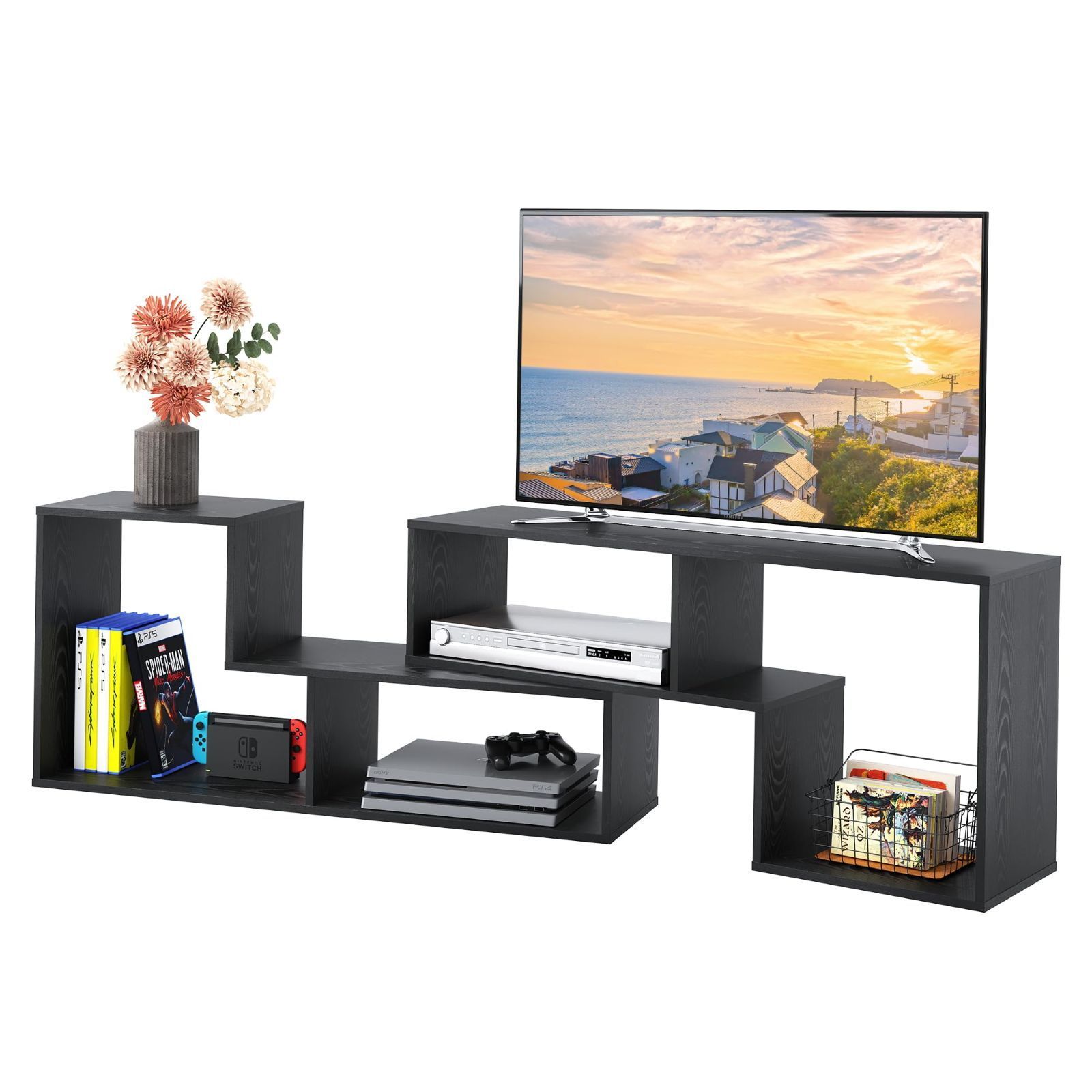 テレビ台 DEVAISE テレビラック テレビボード ローボード 伸縮 幅105～210cm 60インチまで対応 コーナー 収納ラック 2点セット 簡単組立 ブラック
