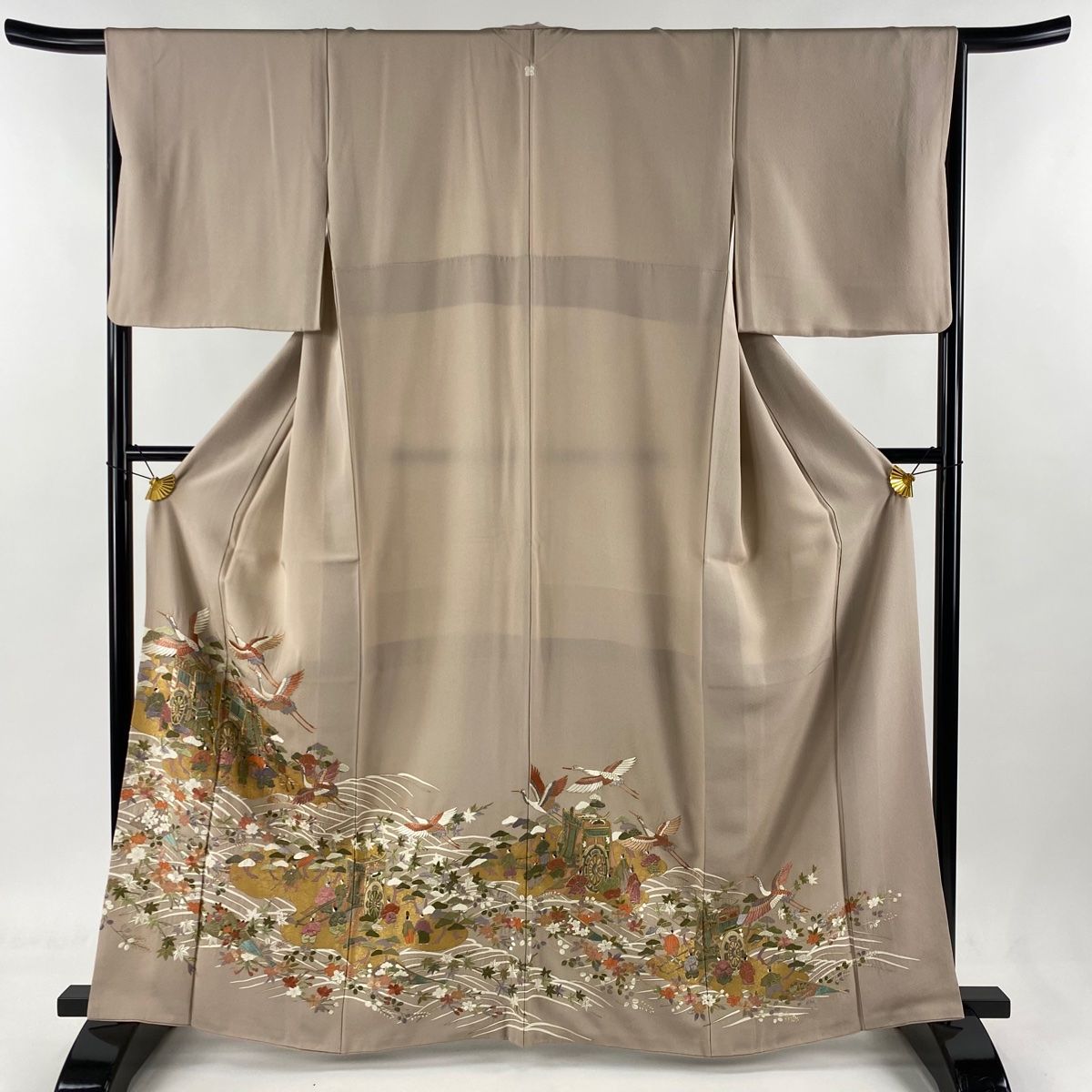 色留袖 身丈163cm 裄丈65.5cm M 袷 御所車 鶴 金糸 刺繍 薄茶色 正絹 名品 一つ紋