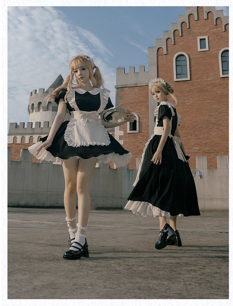 【Mサイズ】メイド服 黒とアイボリー フリル付き 新作】ロリータ 女僕風 古典クラシカル メイド服 短め＆長めOP