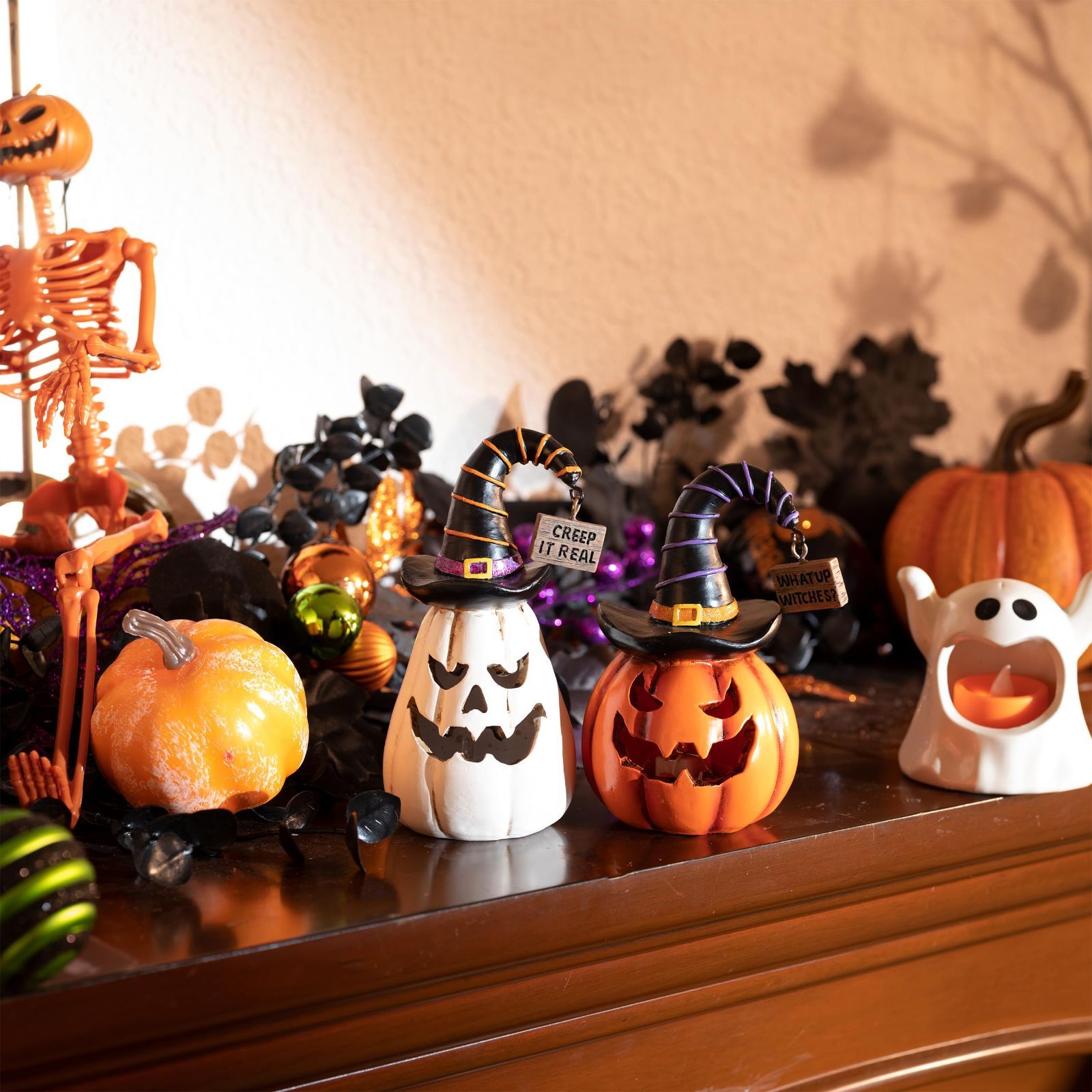  売切注意 Valery Madelyn 飾り 置物 かぼちゃ セット LEDライト付き 玄関 卓上 装飾 おしゃれ かわいい パンプキン お化け オレンジ ホワイト 14.5 cm 13 アレンジ用装飾品 アレンジメント用品 資材