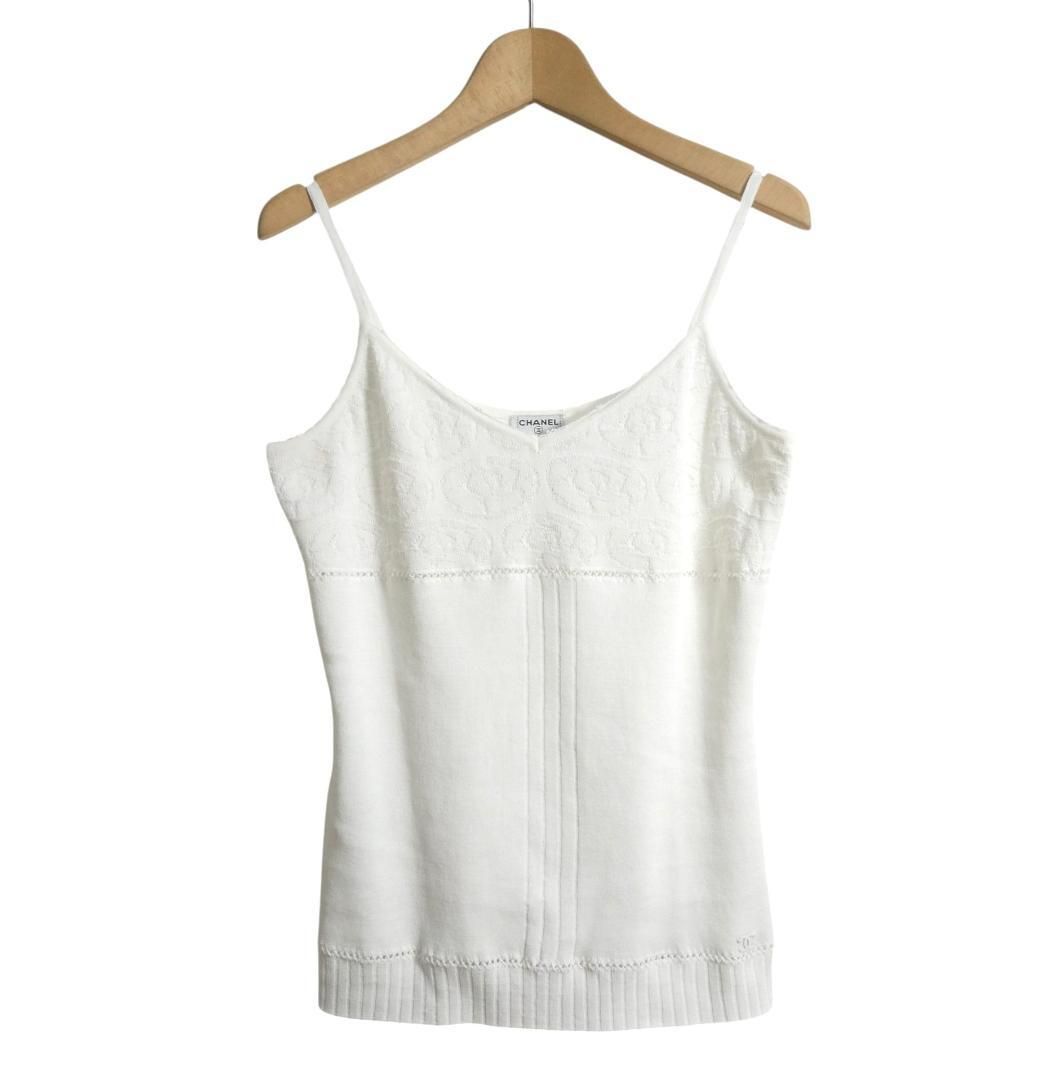 美品ꕥCHANEL カメリア ココマーク キャミソール ノースリーブ 36 美品 CHANEL シャネル サイズ38 カメリア 刺繍 ココマーク コットン