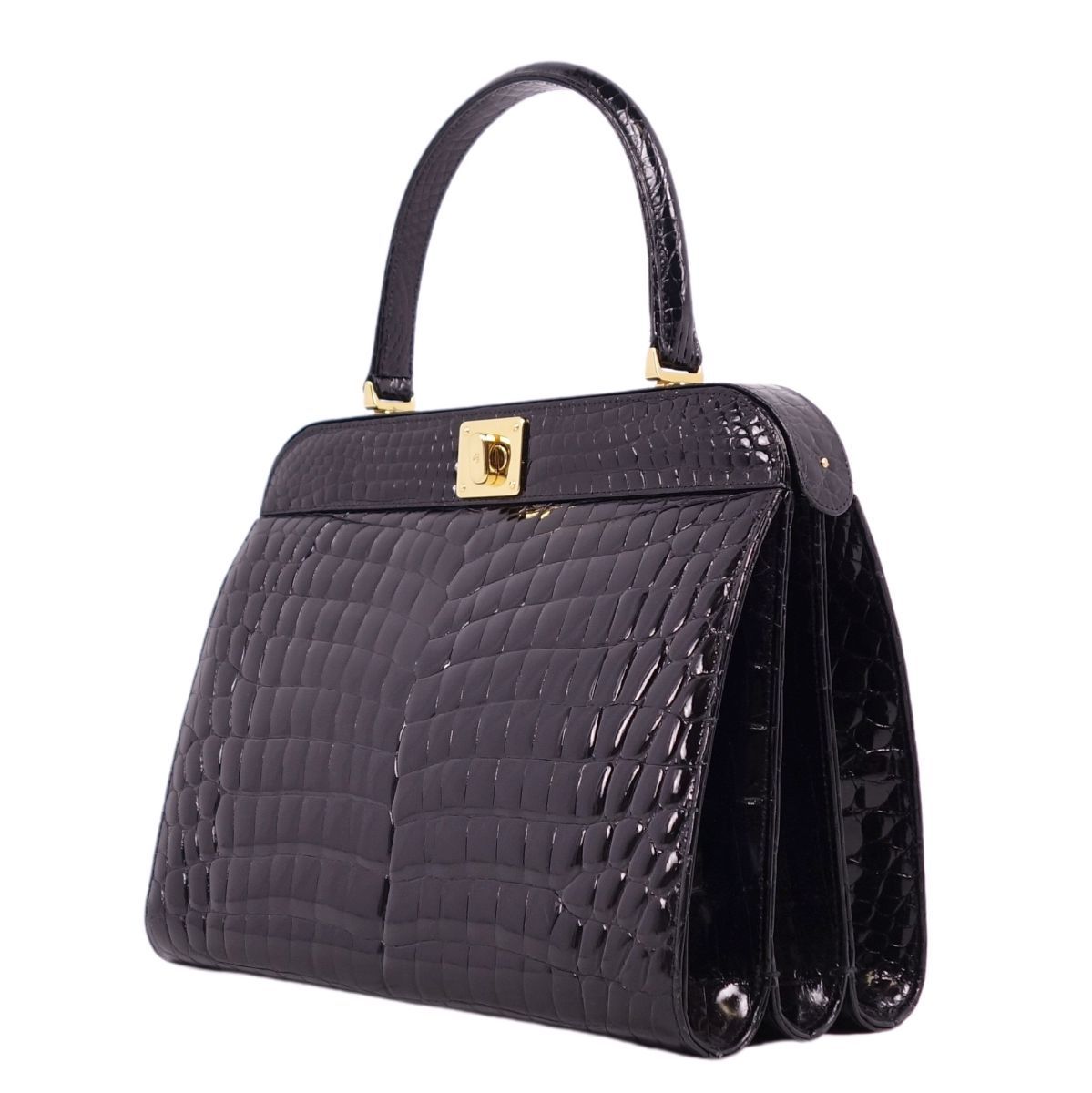 極美品 未使用品 クロコダイル シャイニー ワニ ハンドバッグ カデナ  