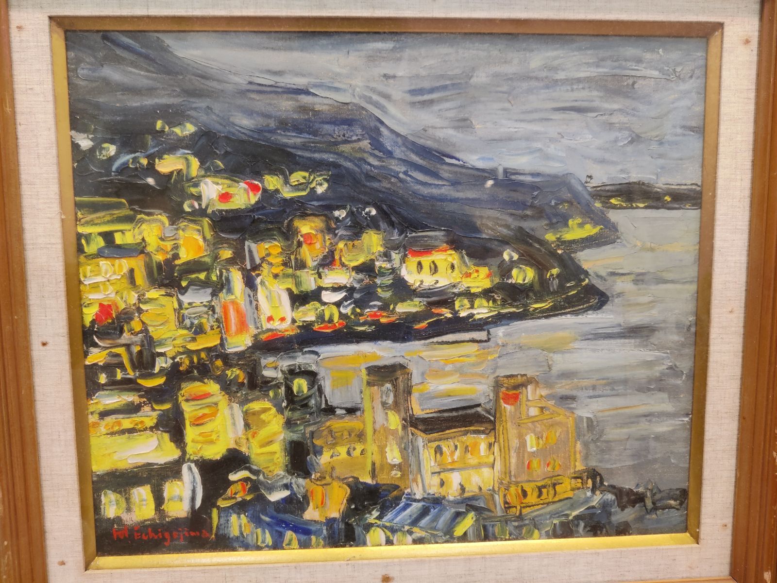 風景画 油彩画 越後の景色 額縁 ガラス