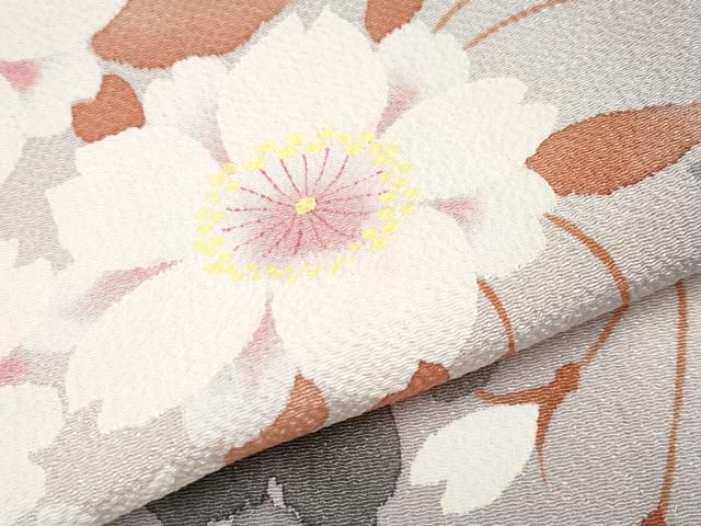 平和屋本店▽希少　銀座もとじ　振袖　単衣　桜　暈し染め　鬼しぼ縮緬　牡丹鼠色地　たとう紙付き　逸品　CYAA3318s5 平和屋本店▽希少 銀座もとじ 振袖 単衣 桜 暈し染め 鬼しぼ縮緬 牡丹