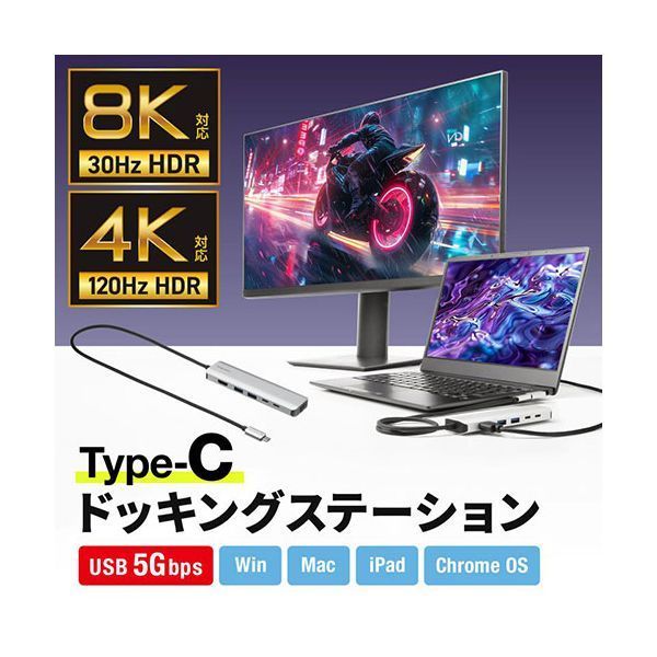 サンワサプライ 8K対応 USB Type-C ドッキングステーション シルバー USB-DKM9S
