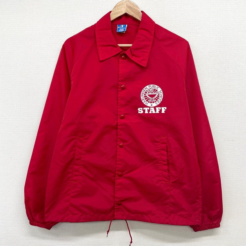 US USA製 チャンピオン Champion コーチジャケット 長袖 HARLINGEN PUBLIC SCHOOLS STAFF プリント サイズ:メンズ M レッド