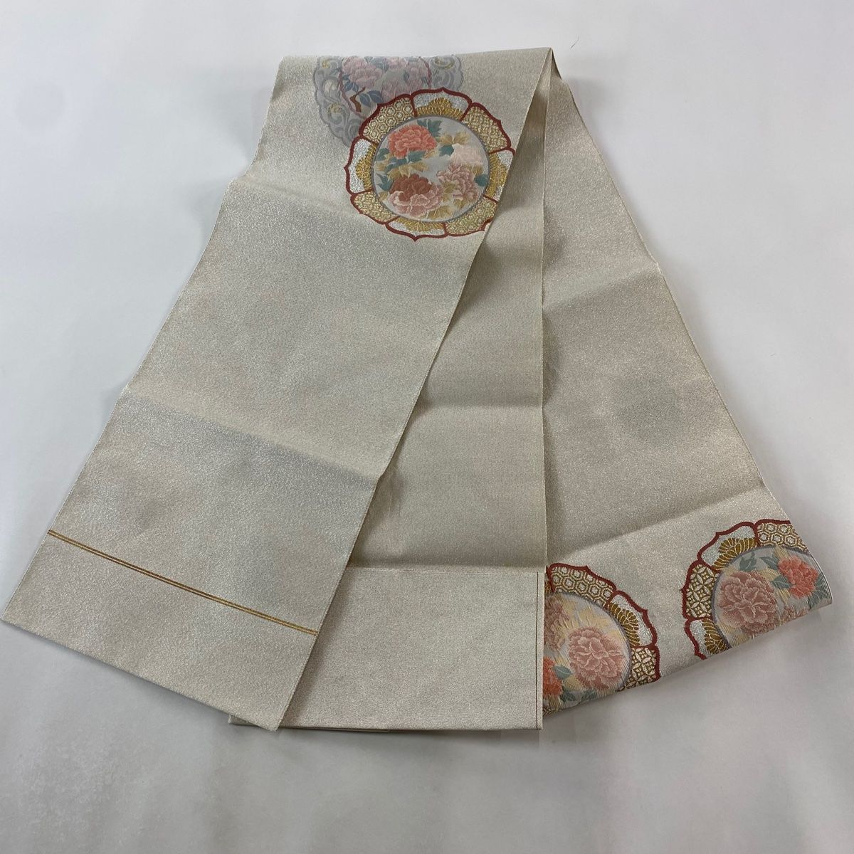 新品 未使用 正絹 西陣 組織り 8寸名古屋帯 手組 全通 松葉仕立て 白灰系 新品 未使用 正絹 西陣 組織り 8寸名古屋帯 手組 全通 松葉