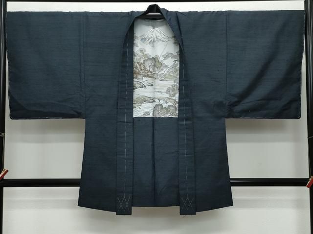 平和屋着物●男性　紬　髭紬・羽織セット　藍鉄色　正絹　逸品　CAAU9667vf 平和屋着物○男性 紬 髭紬・羽織セット 藍鉄色 正絹 逸品 CAAU9667vf