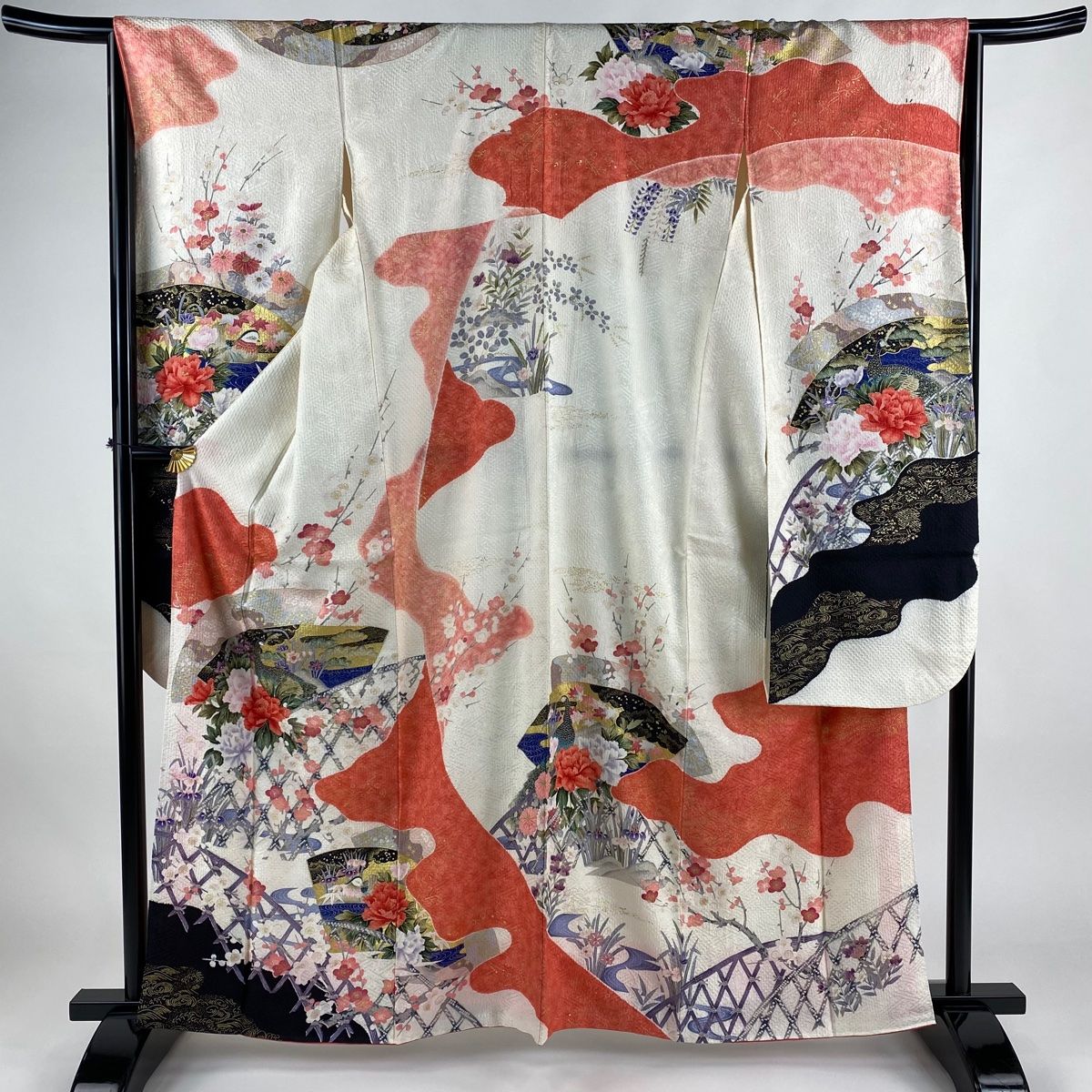 振袖 身丈161.5cm 裄丈65cm M 袷 扇面 孔雀 金彩 クリーム 正絹 名品