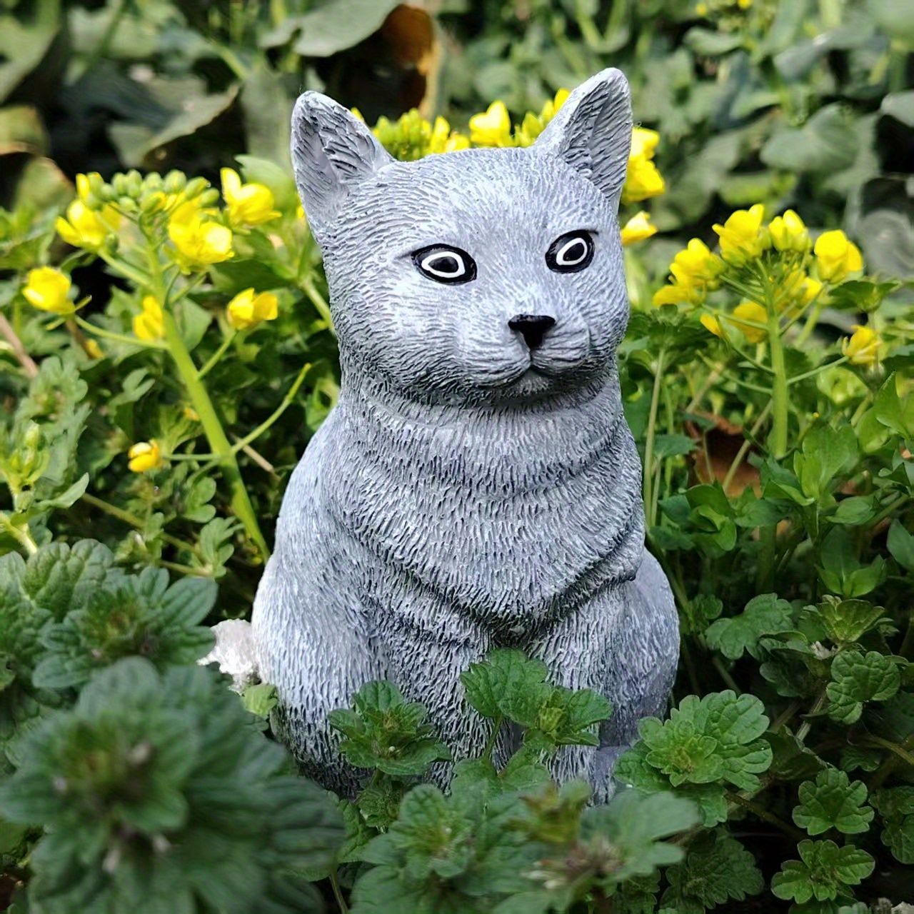 ミニチュア 置物 お座りする猫 グレー リアル 14cm ネコ 樹脂像