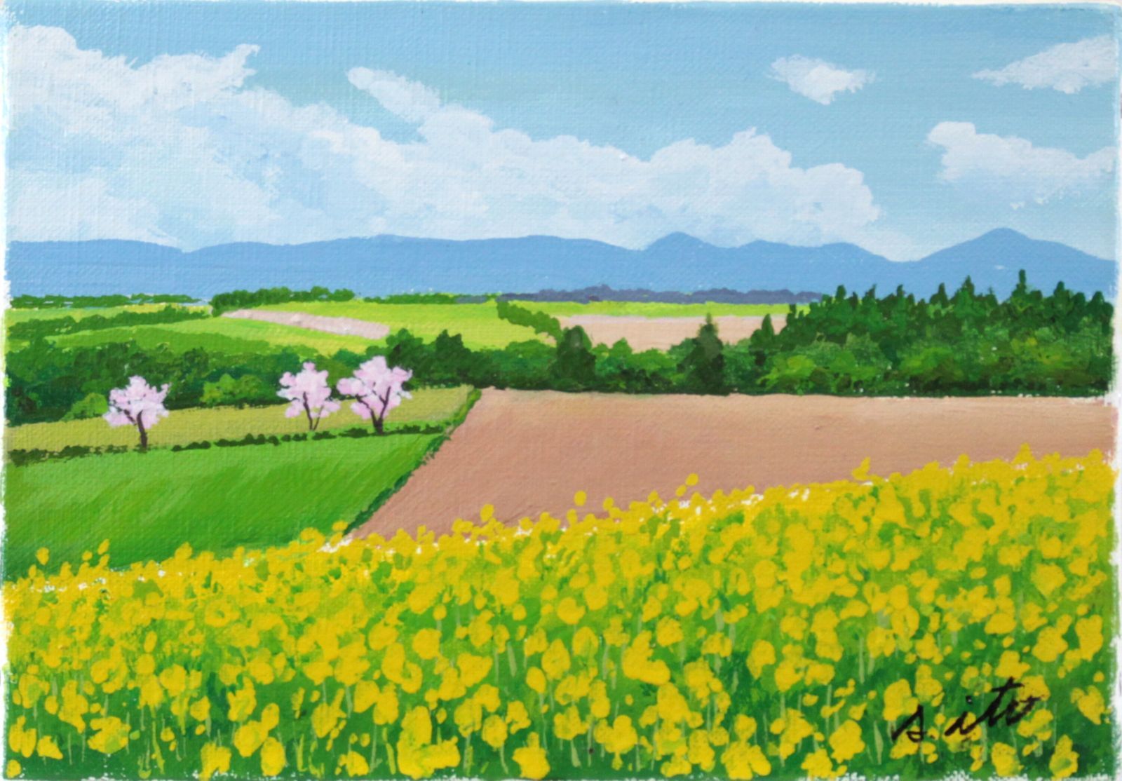 伊藤正一『丘の上の菜の花』油彩画【真作保証】 絵画 - 北海道画廊