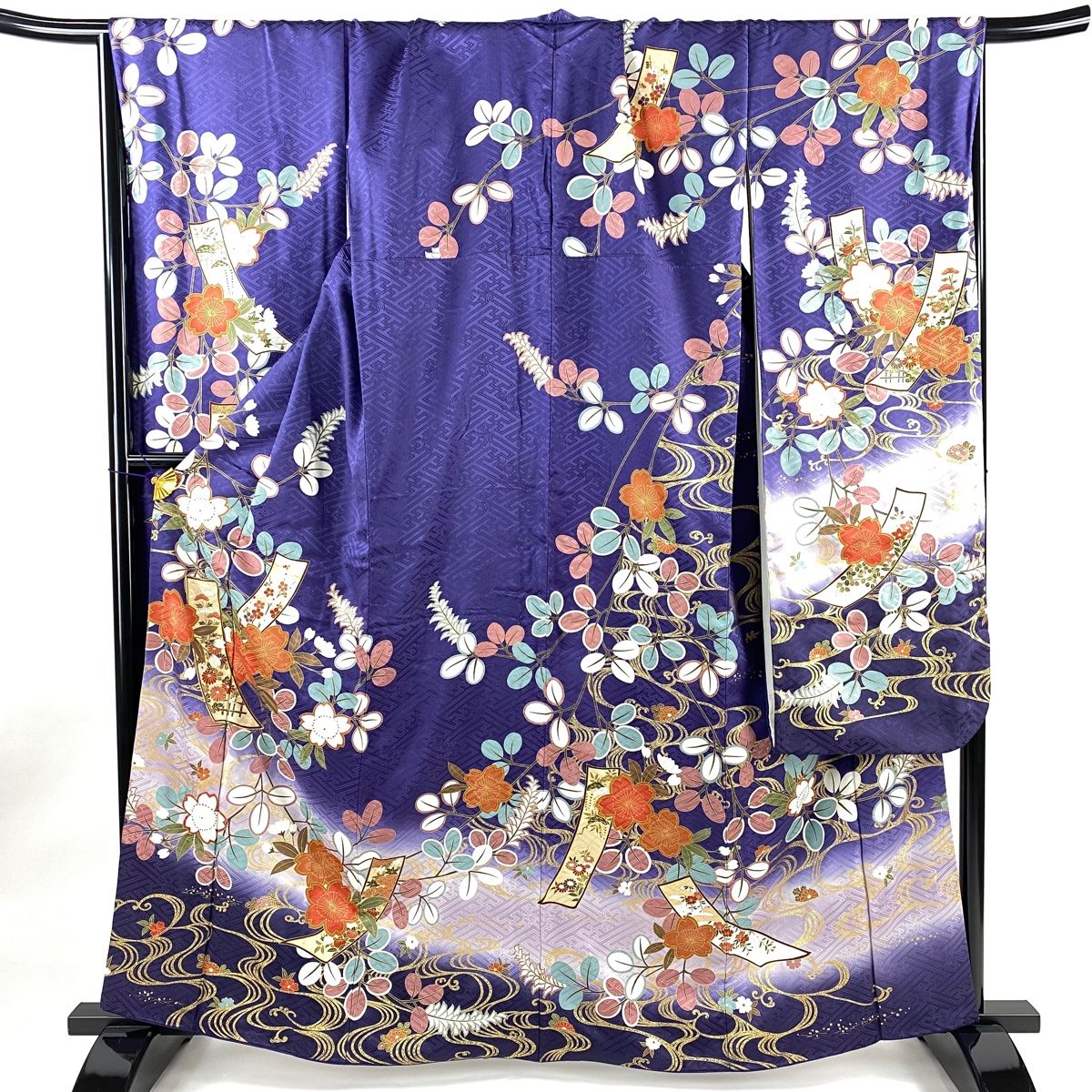 振袖 身丈163.5cm 裄丈70.5cm L 袷 鈴乃屋 短冊 桜 金糸 金彩 紫 正絹 名品