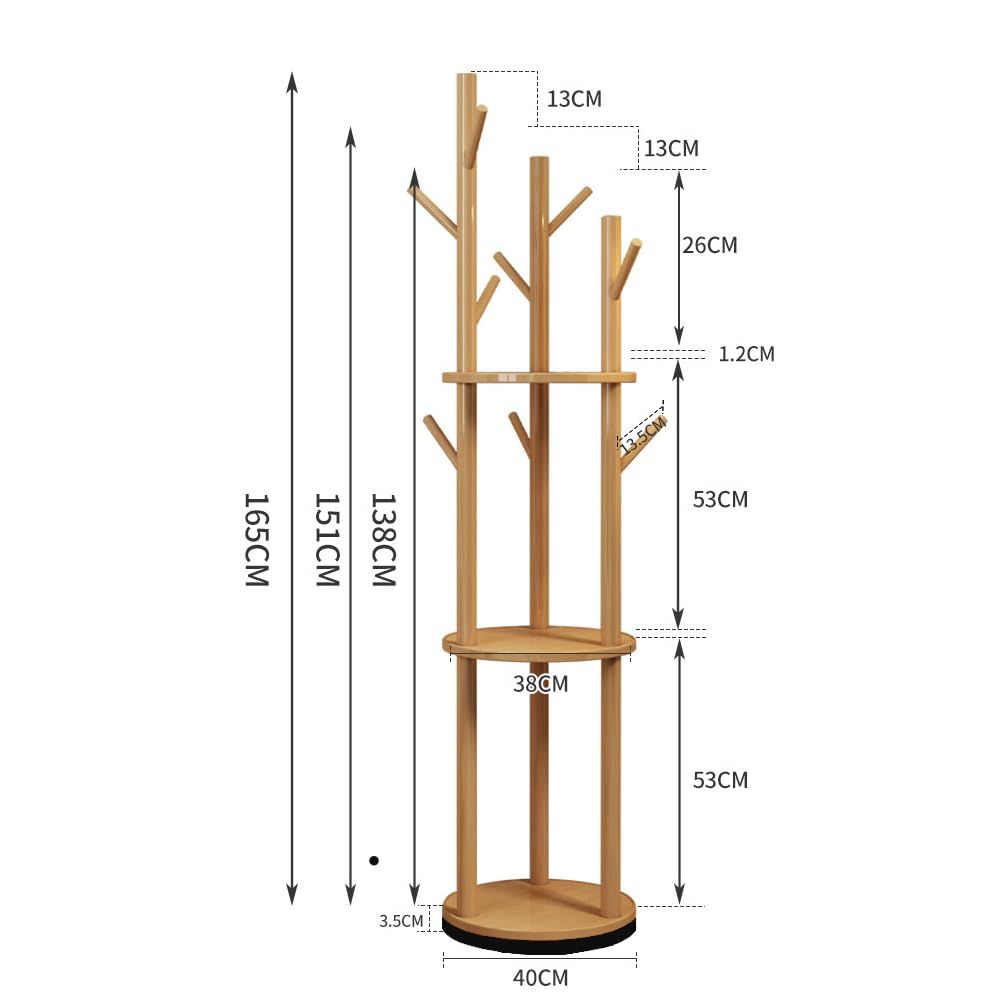 PonyLes ポールハンガー 木製 回転式 3 段棚付き スリムコートハンガー 省スペース 組立簡単 ウォールナット