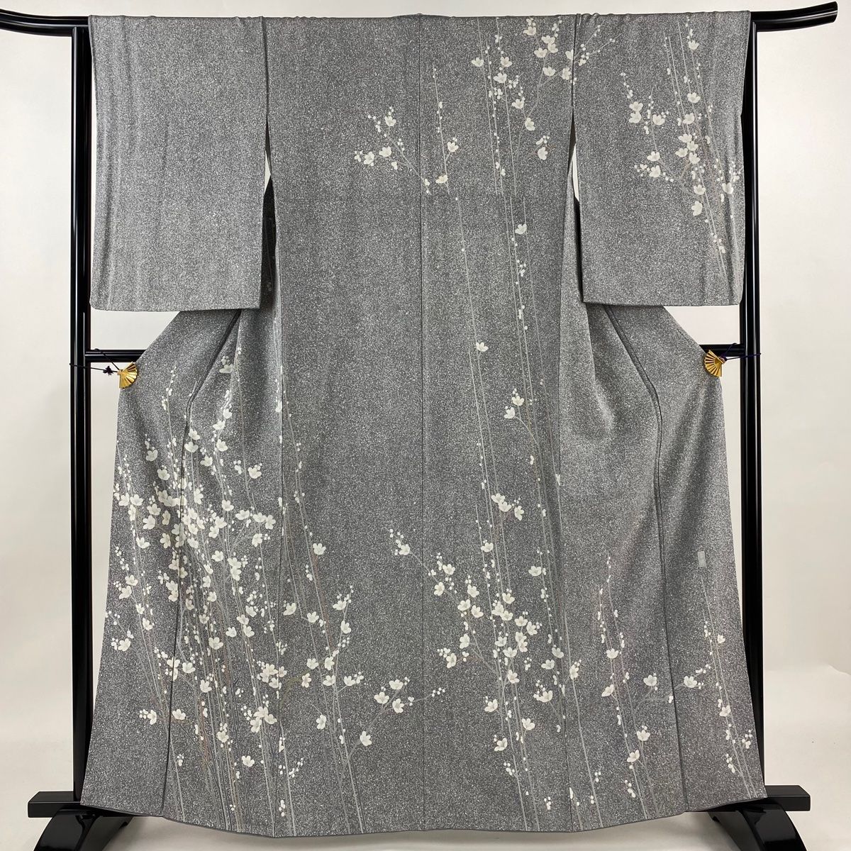訪問着 身丈161.5cm 裄丈64cm M 袷 枝花 灰色 正絹 名品