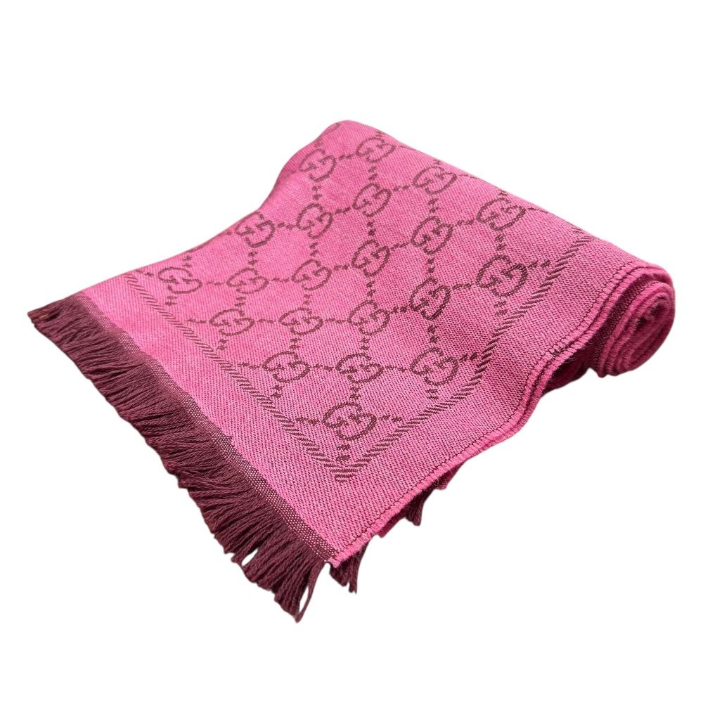 良品 GUCCI グッチ GG柄 フリンジ マフラー ストール ピンク
