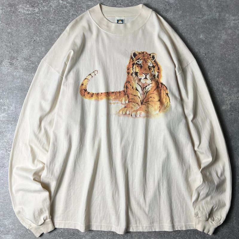 90s USA製 アニマル アート プリント 長袖 モックネック Tシャツ XXL / 90年代 アメリカ製 オールド タイガー 虎 ロンT