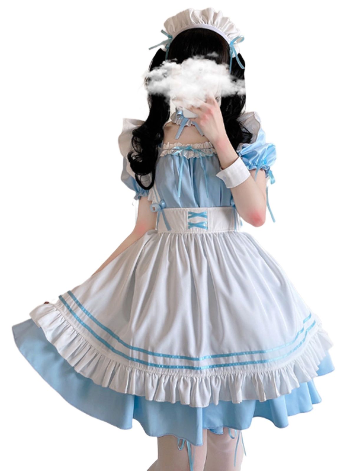 [CosMisty] メイド服 アイスブルー ゴスロリ コスプレ 衣装 人気 ワンピース ハロウィン 仮装 レディース 可愛い ロリータ 半袖 蝶結び (L) [L]