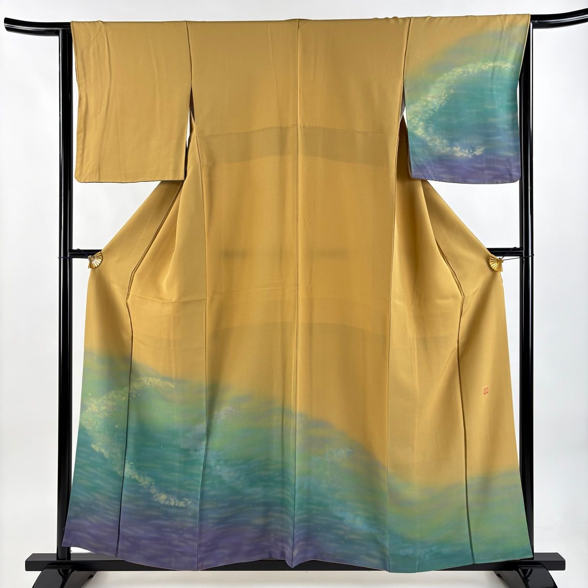 付下げ 身丈158cm 裄丈64cm M 袷 落款 波 幾何学 ぼかし 黄土色 正絹 秀品