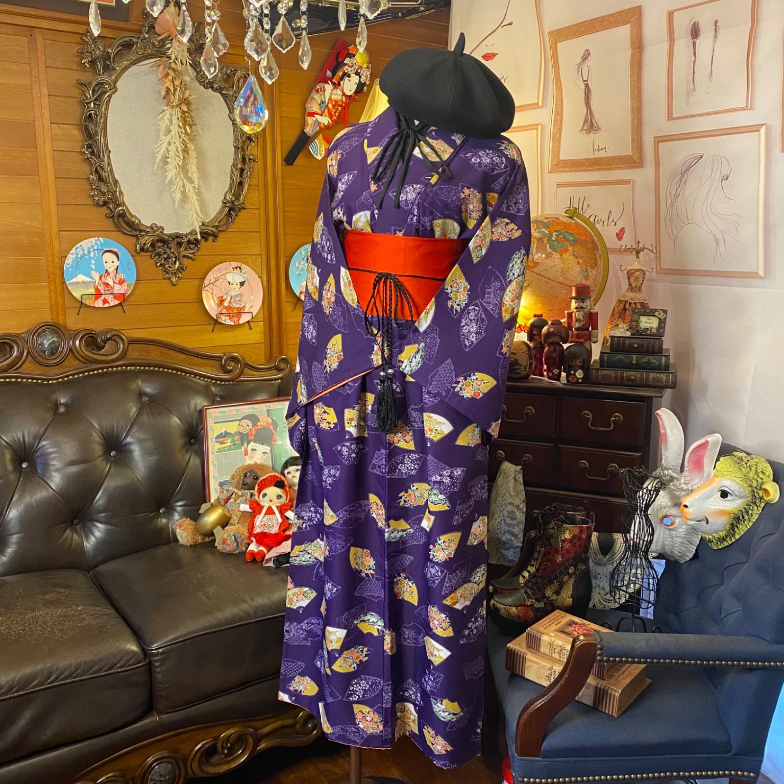 和洋折衷 着物 リメイク ワンピース ドレス 帯サッシュベルト 洗える 