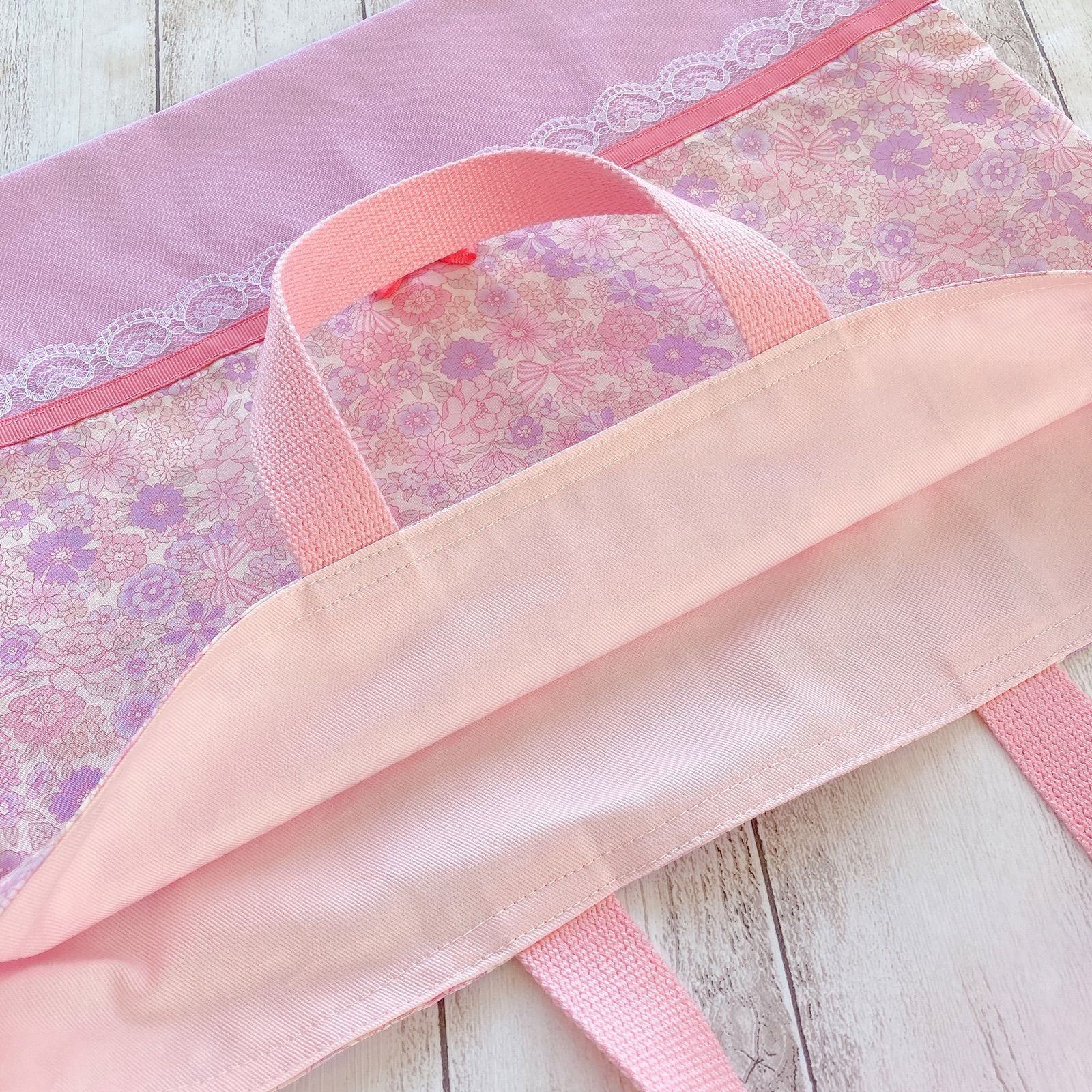 レッスンバッグ ハンドメイド 女の子 手提げバック 花柄パステルピンク 