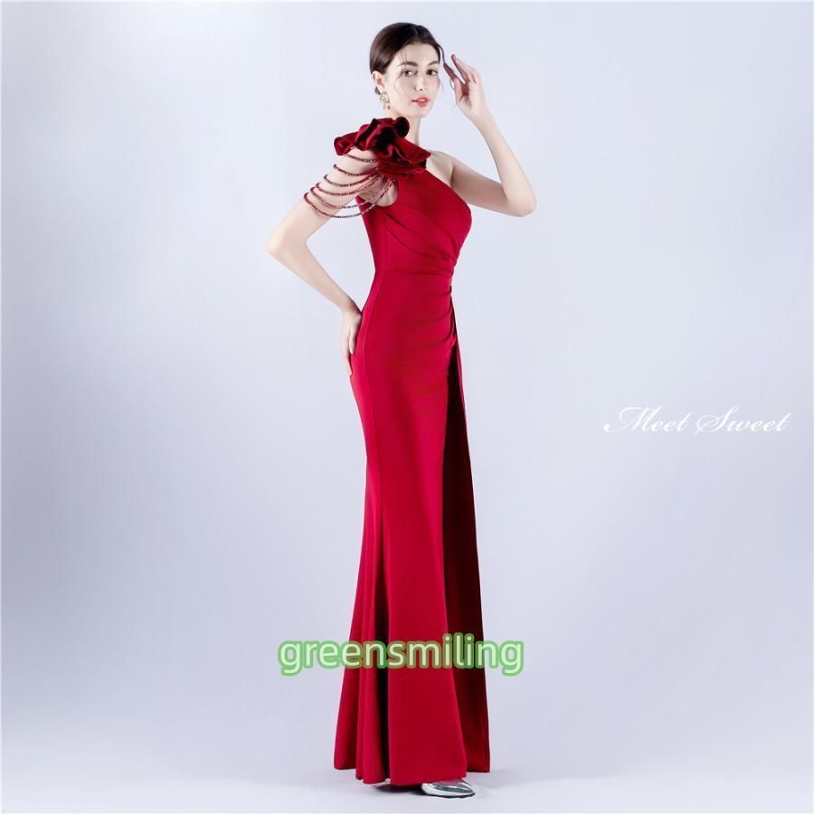 カラードレス マーメイドドレス パーティードレス ノースリーブ イブニングドレス ウェディングドレス 結婚式 二次会 披露宴 ブライダル 赤 イベント スリット 送料無料カラードレス ワンショルダー スリット サテン マーメイド