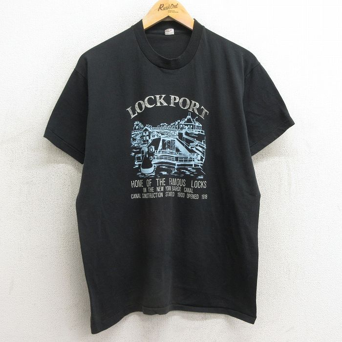 L/古着 半袖 ビンテージ Tシャツ メンズ 80s ロックポート 港 クルーネック 黒 ブラック 24feb12 中古