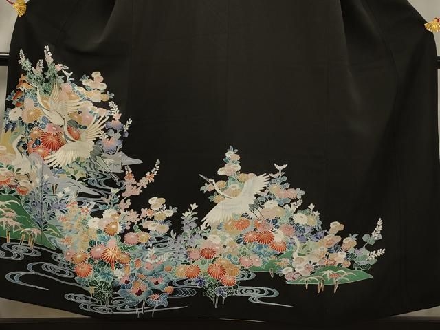 平和屋着物□豪華黒留袖 駒刺繍 飛鶴草花文 正絹 逸品