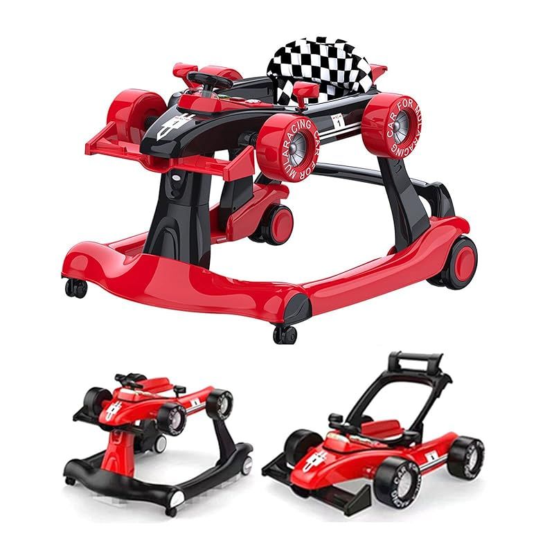 歩行器 ベビーウォーカー 赤ちゃん 歩行機 育児 3way ウォーカー 手押し車として使用 歩く練習 安全ストッパー 取り外し 高度調整 滑り止め 車形 安全 音楽を再生 6か月 室内玩具 レッド 1