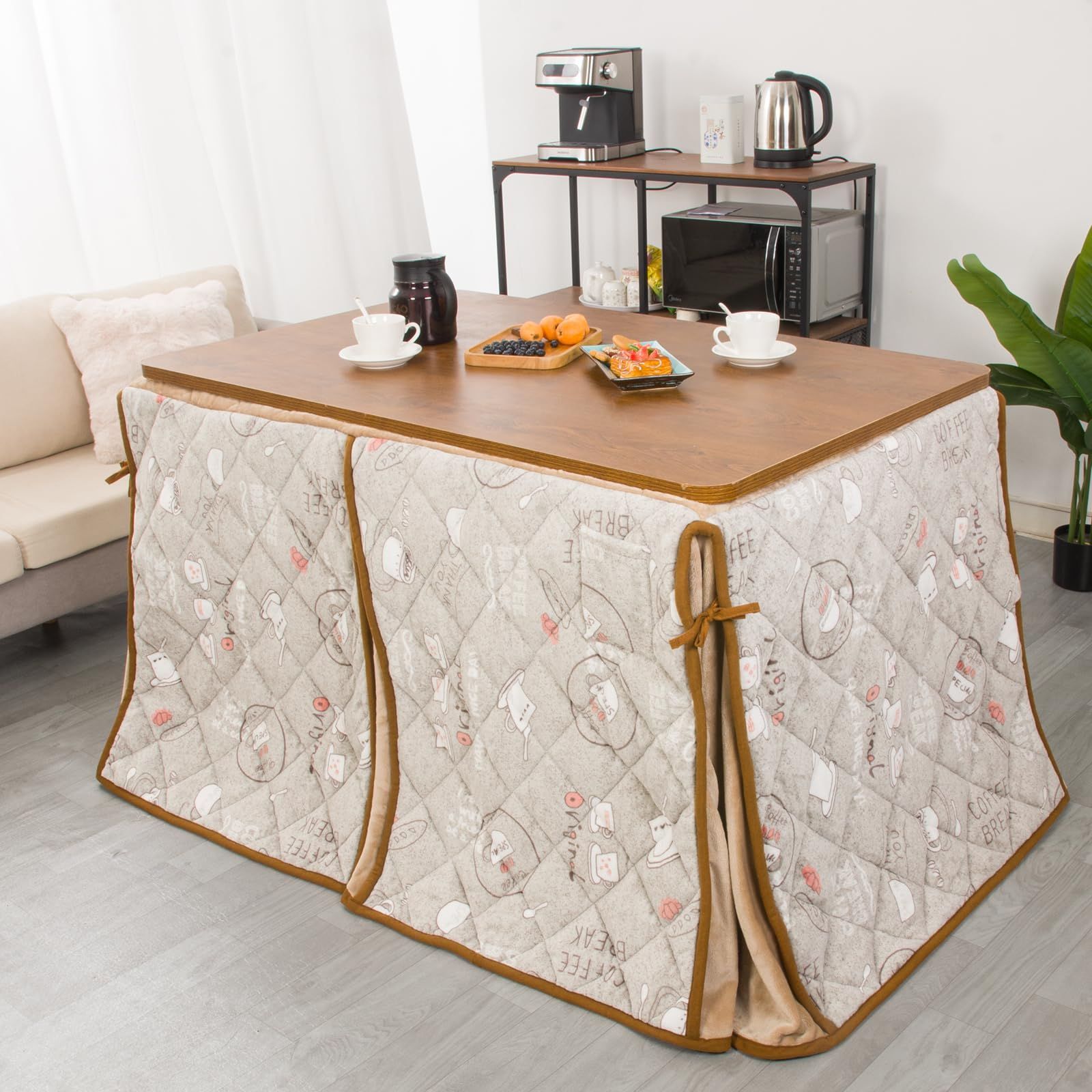 JEMA ハイタイプ こたつ布団 単品 ダイニング テーブル用こたつ布団 ダイニングコタツ布団 省スペース 長方形 掛け布団 こたつ掛け布団 吸湿発熱 洗える ふわふわ感触 フランネル素材 約240x295cm カップ柄